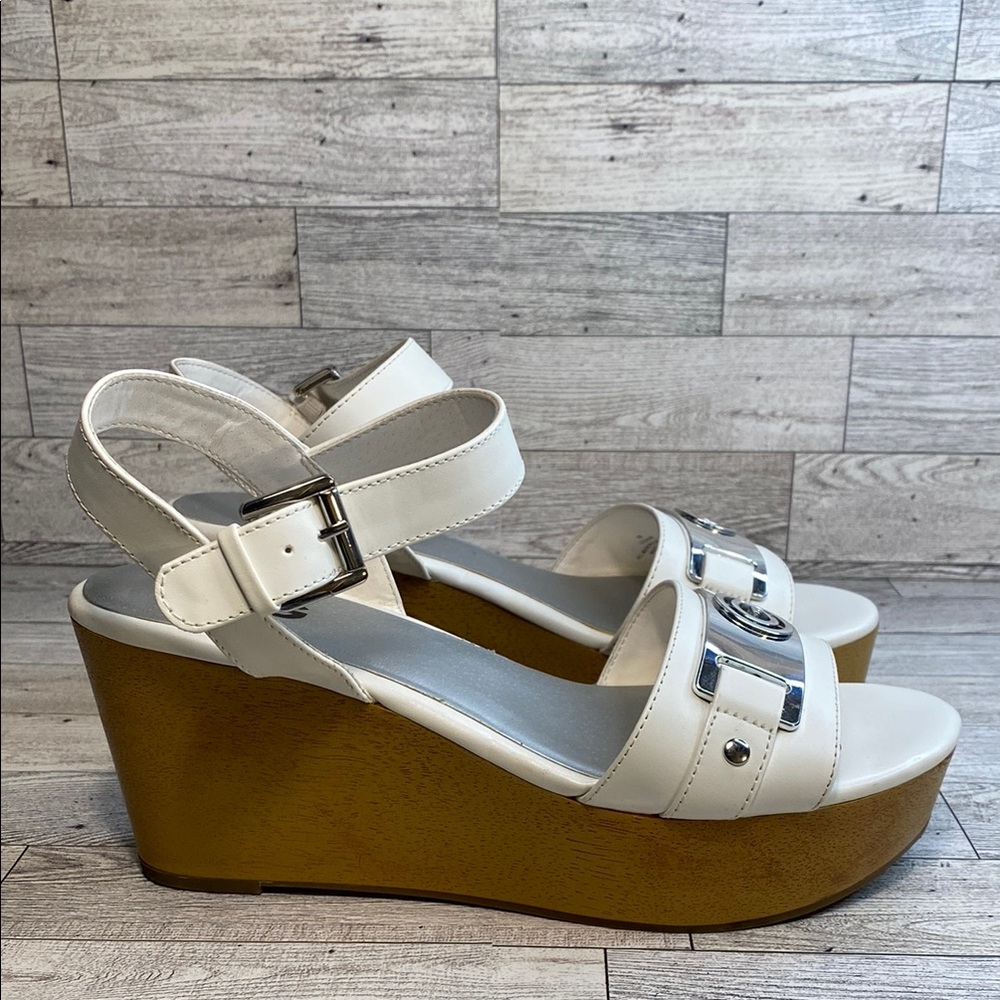 Guess White Platform Wooden Wedge Sandals Women Size 9M